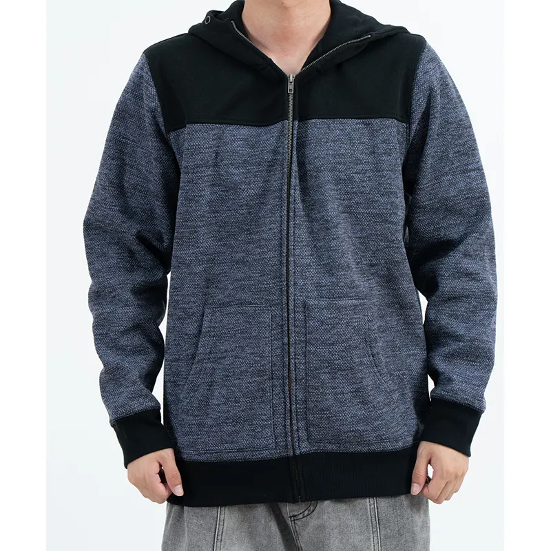 เสื้อมีฮู้ด Zip-Up สีน้ำเงิน-เทา แต่งแถบไหล่สีดำ