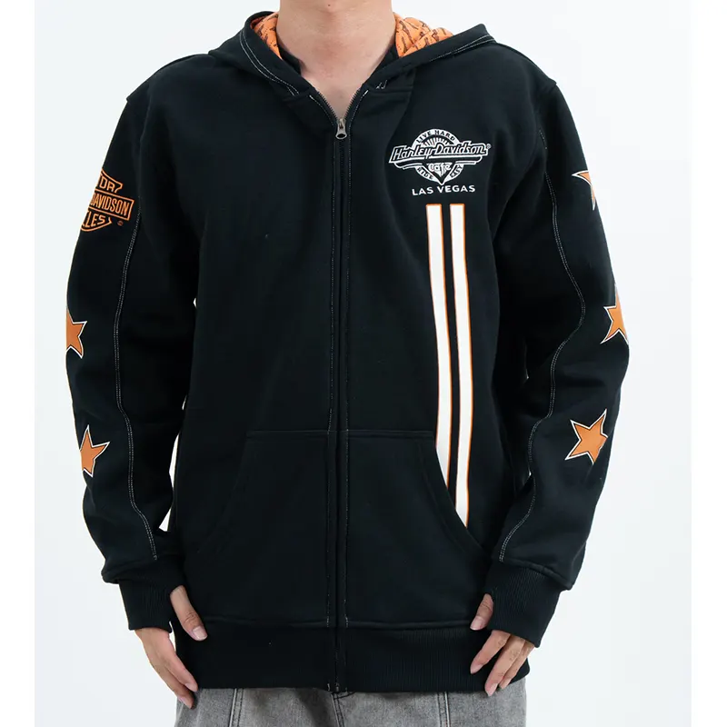 เสื้อมีฮู้ดมีซิปมีกราฟิกพร้อมอาร์ตเวิร์ค Eagle Back และแขนเสื้อรูปดาว