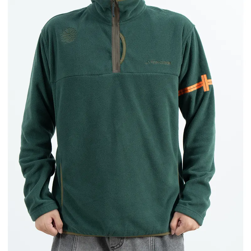 เสื้อสวมหัวผ้าฟลีซมีซิปสีเขียวมีแถบแขนสีตัดกัน เสื้อสวมหัวผ้าฟลีซมีซิปสีเขียวมีแถบแขนสีตัดกัน