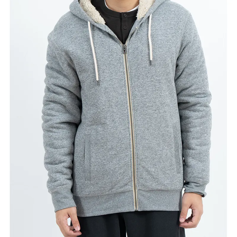เสื้อมีฮู้ด Zip-Up สีเทาพร้อมซับในฮู้ดผ้ากำมะหยี่สีครีม