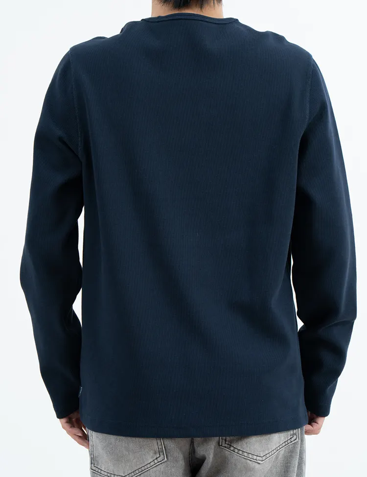 Navy Textured Crew Neck Long Sleeve T-Shirt with Relaxed Fit