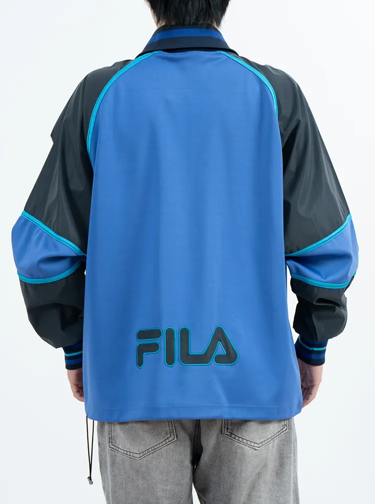 Blue Color Block Outdoor Hardshell Jacket with Striped Collar and Cuffs