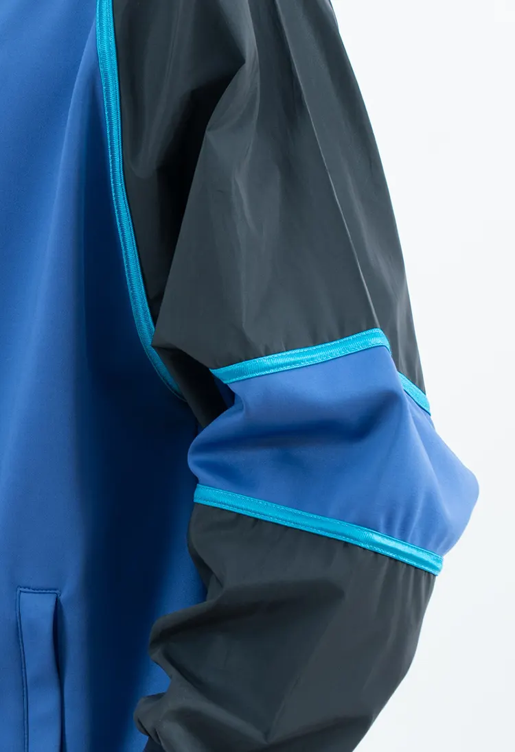 Blue Color Block Outdoor Hardshell Jacket with Striped Collar and Cuffs