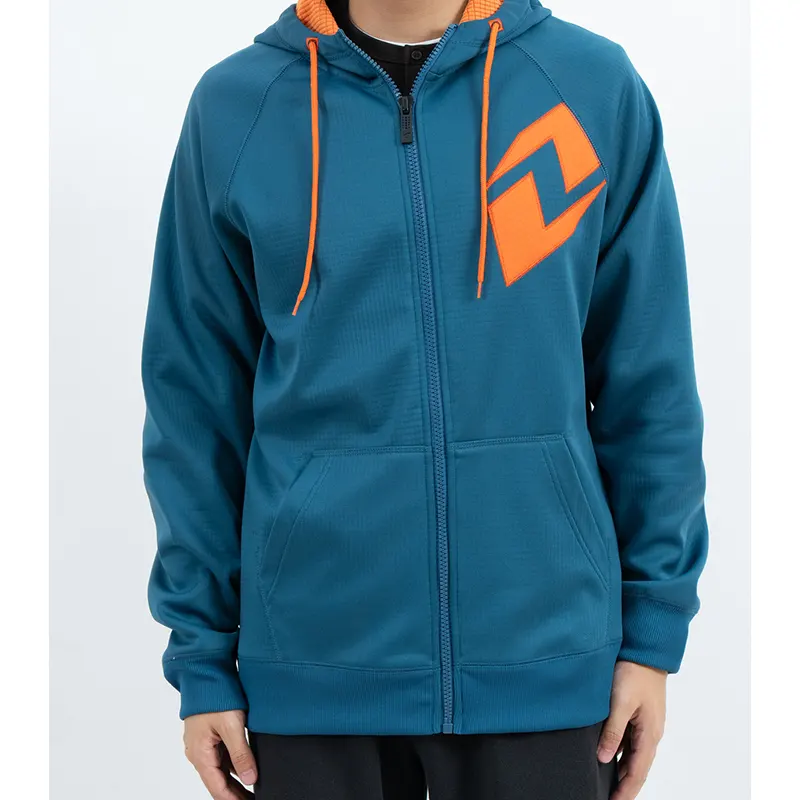 เสื้อมีฮู้ด Zip-Up สี Teal Raglan พร้อมกราฟิกหน้าอกสีส้มและเชือกผูก
